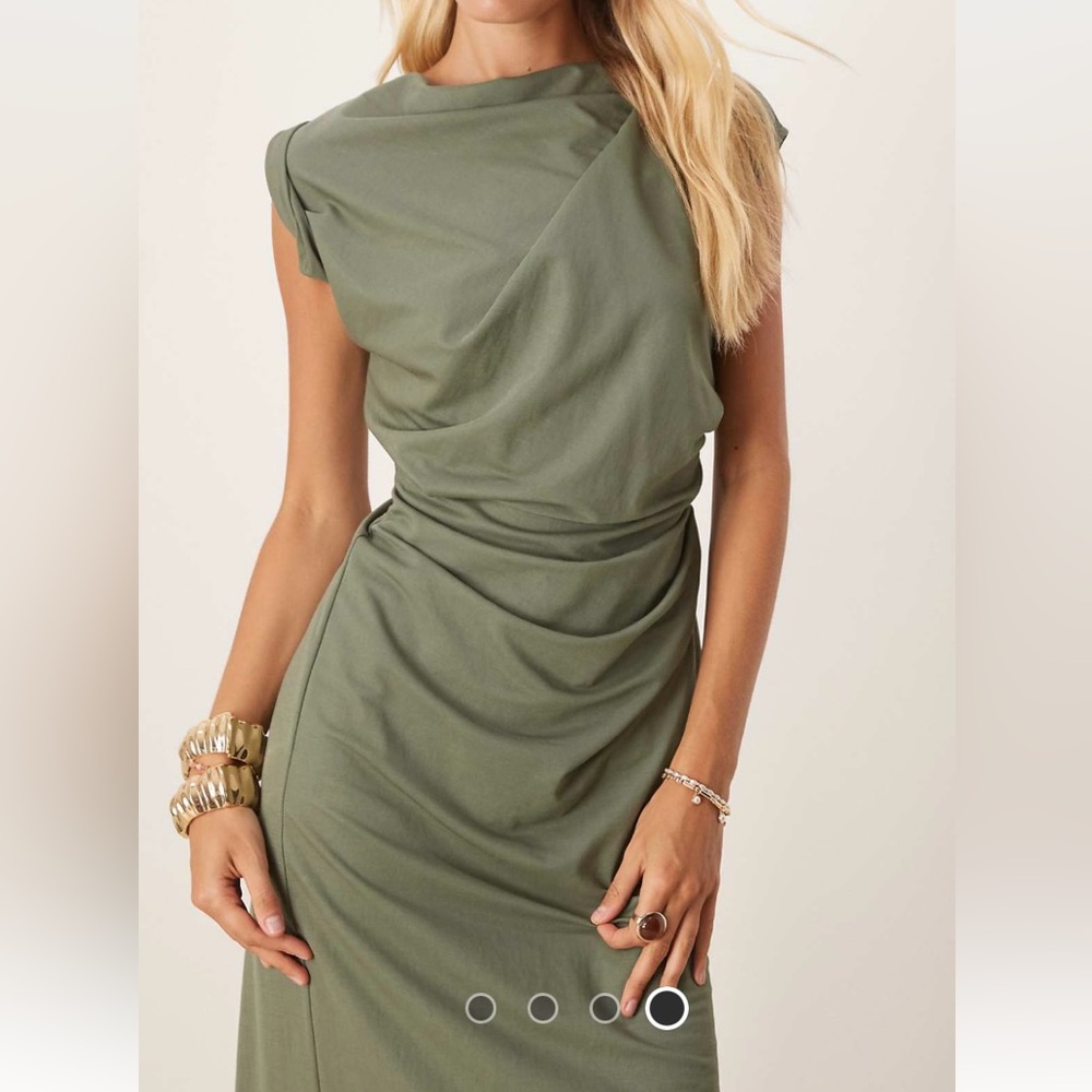 NWT ASOS DESIGN linen look twist shoulder drape midi dress in khaki - Picture 3 of 4